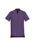A purple tunic featuring a white daisy print, designed with short sleeves and a collar. It has pockets and a logo.