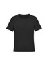 A black short sleeve jersey top with a round neckline and a simple design. It features a branding logo.