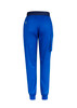 A pair of women's slim leg jogger scrub pants in bright blue, featuring pockets and an elastic waistband.