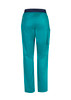 A pair of teal women's straight leg scrub pants featuring a back pocket and a navy waistband.