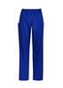 Royal blue women's scrub pants featuring an elastic waistband and side pockets. Includes a logo on the fabric.