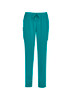 A pair of teal slim leg scrub pants with an elastic waistband and side pockets. Features a logo on the garment.