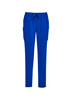 Bright blue women's Avery slim leg scrub pants featuring side pockets and an elastic waistband with a drawstring.