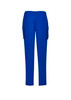 Blue women's slim leg scrub pants featuring cargo pockets and an elastic waistband. Includes a logo.