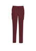 Burgundy women's slim leg scrub pants with side pockets and an adjustable waistband. Features a branding logo.