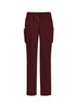Burgundy straight leg scrub pants featuring side pockets and a drawstring waist. Includes a logo.