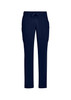 Navy blue straight leg scrub pants featuring side pockets and an elastic waistband. Includes a logo branding.
