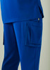 A pair of blue straight leg scrub pants featuring side pockets and a logo.