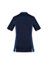 A women's scrub top in navy blue with short sleeves and side panels. The top features a logo.