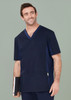 A navy blue men's scrub top with short sleeves and a V-neck, featuring a pocket and a logo.