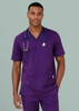 A men's purple scrub top features a v-neck design and a pocket, complemented by a stethoscope.