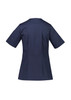 A navy scrub top with short sleeves and a zip front, featuring a fitted design and a logo on the sleeve.