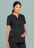 A black tunic scrub top with a button detail and side gathering, designed for pregnant women.