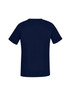 A navy blue women's scrub top with a V-neck design, featuring short sleeves and a plain back.