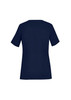 A navy women's scrub top with short sleeves and a round neck, featuring a logo.