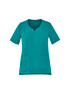 A women's scrub top in a teal colour with short sleeves and two front pockets. It features a round neckline and a logo.