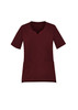 A womens round neck scrub top in burgundy, featuring short sleeves and two front pockets.