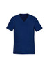 A navy blue men's V-neck scrub top with short sleeves and multiple pockets. It features a logo on the left side.