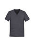 A grey men's V-neck scrub top featuring short sleeves and multiple pockets, with a logo present.