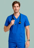 A men's V-neck scrub top in bright blue, featuring a chest pocket and paired with a stethoscope.