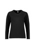 A black long sleeve tee with a rounded neckline and a logo on the front, designed for women's performance.