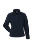 A navy polar fleece jacket with a quarter zip and a collar. It features a logo on the chest.