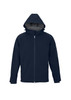 A navy soft shell jacket with a hood, featuring a zip front and side pockets. It includes a logo on the sleeve.