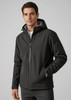 A men's soft shell jacket in black with a hood, featuring a front zip and side pockets. Includes a branding logo.