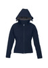 A navy soft shell jacket for women featuring a hood and zippered front, with a logo on the arm.
