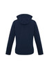 A navy blue women's soft shell jacket featuring a hood and a logo on the sleeve.
