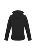A black women's soft shell jacket with a hood, featuring a logo on the sleeve.