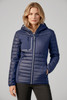 A navy unisex patrol jacket featuring a zippered front, hood, and side pockets. It has a sleek, insulated design.