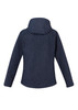 A dark navy soft shell jacket with a textured pattern and a hood, featuring a logo on the back.