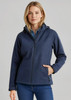 A navy blue soft shell jacket featuring a hood, zip front, and side pockets, worn by a model.