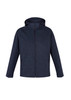 A dark blue soft shell jacket with a hood, featuring a textured pattern and zippered pockets.