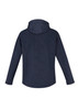 A men's soft shell jacket in dark navy with a textured pattern and a hood, featuring a logo on one side.