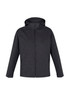 A soft shell jacket in dark grey featuring a hood and two side pockets, with a logo on the chest.