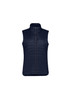 A navy womens expedition vest with a zip front and a high collar, featuring a quilted design and no sleeves.
