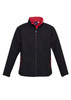 A black soft shell jacket with red accents and zippered pockets, featuring a branding logo.