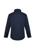 A navy men's softshell jacket featuring a high collar and long sleeves, with a logo on the back.