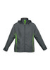 A unisex jacket in dark grey with green accents and a hood, featuring a logo on the front.