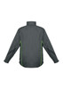 A unisex jacket in dark grey with green accents, featuring a high collar and long sleeves.