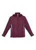 A unisex jacket in dark burgundy with a hood and white accents, featuring a logo.