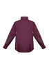A maroon unisex jacket with a high collar, featuring white contrasting details and a logo.