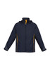 A unisex jacket in navy with yellow accents, featuring a hood and a logo on the front.