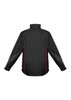 A black unisex jacket featuring red accents and reflective detailing, with a high collar and long sleeves.