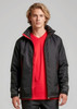 A unisex jacket in black with red accents, featuring a zip front and a collar. It has a logo on the chest.