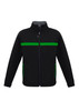 A black unisex soft shell jacket featuring green stripes and zippered pockets, with a collar and long sleeves.