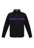 A black soft shell jacket with purple accents and zippered pockets, featuring a logo on the chest.