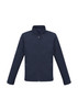 A navy jacket with a zip front, long sleeves, and side pockets. It features a branding logo.